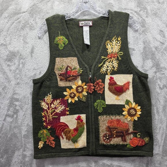 Tiara International Sweater Vest Womens Large Green Embroidered Rooster Pumpkin - Picture 1 of 7